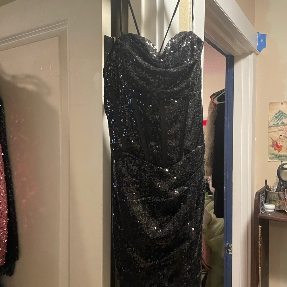 Little black mini dress sequined spaghetti straps. Size 4.